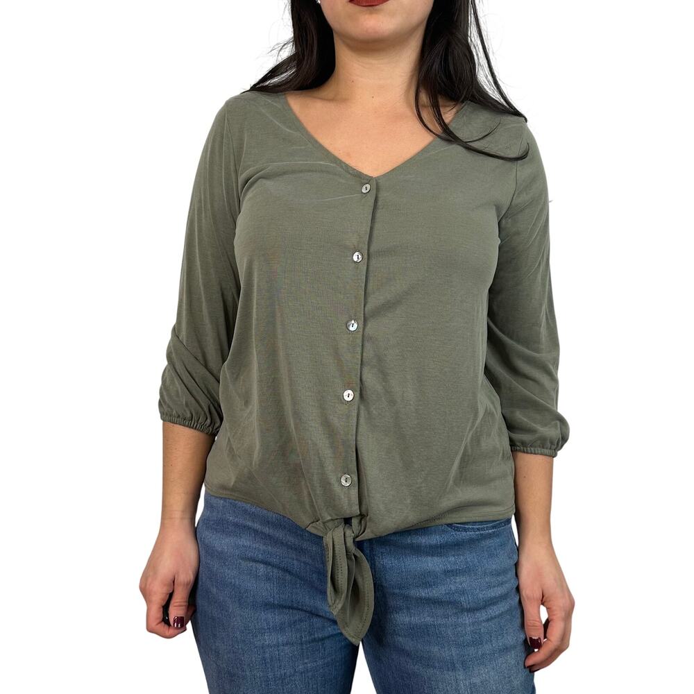 Green Envelope V-Neck Olive Green 3/4 Sleeve Tie Front Blouse